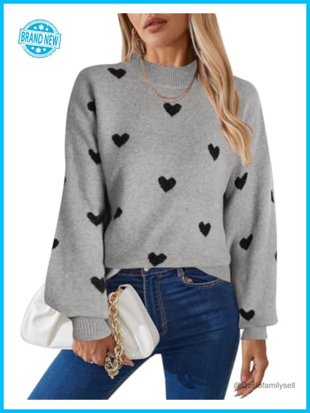 Women's Mock Neck Heart Sweater Loose Knit Pullover Top